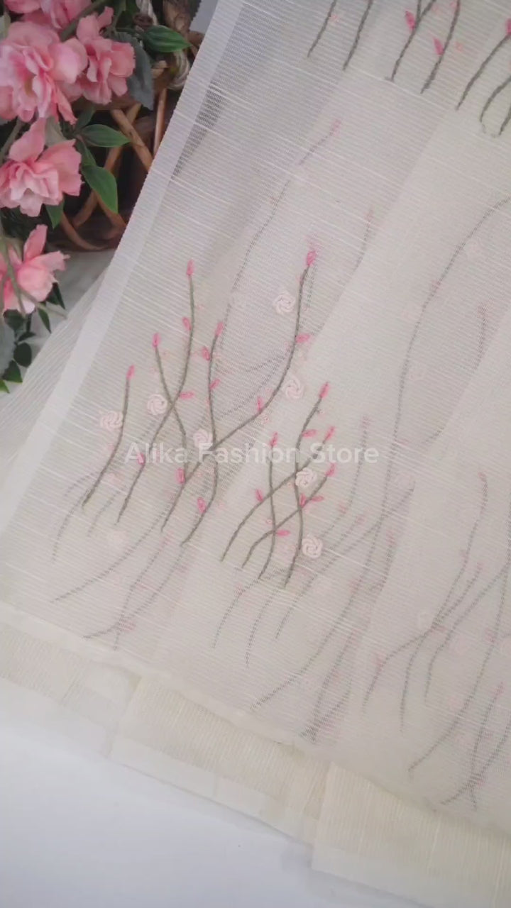 Cream Kota Saree with Floral Hand Embroidery