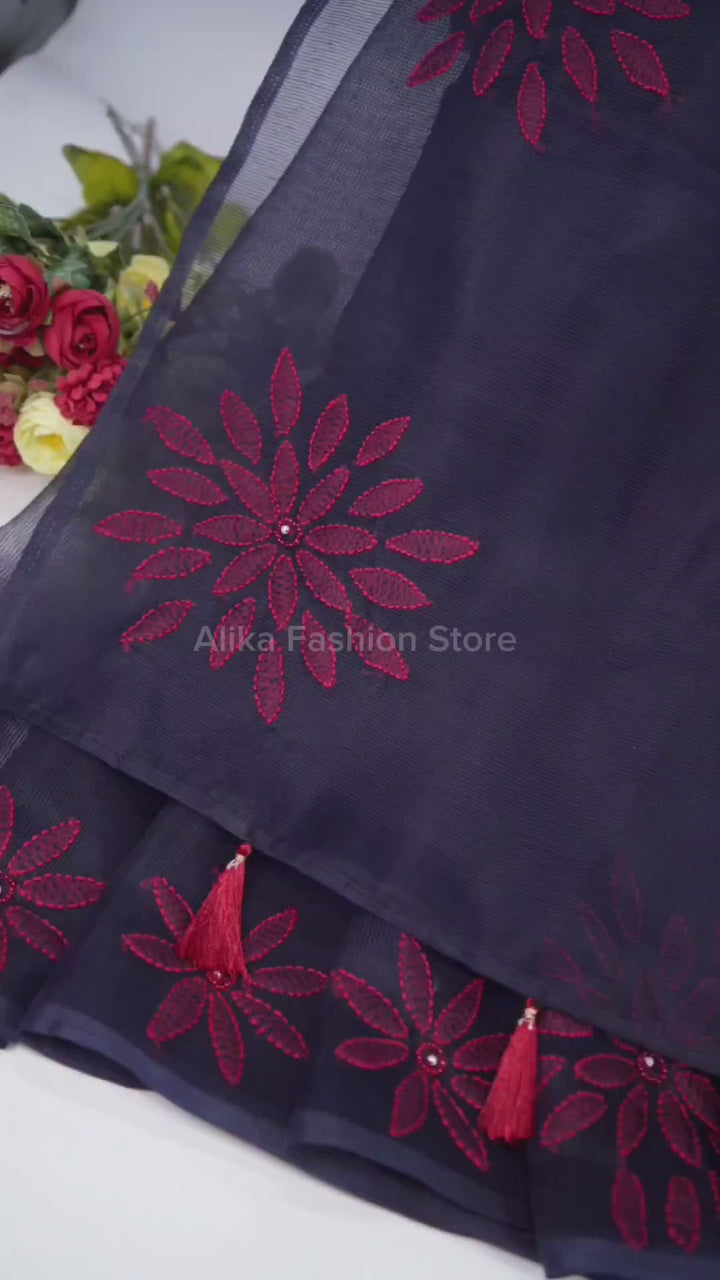 Black Kota Saree with Red Floral Shadow Work &amp; Bead Embellishments