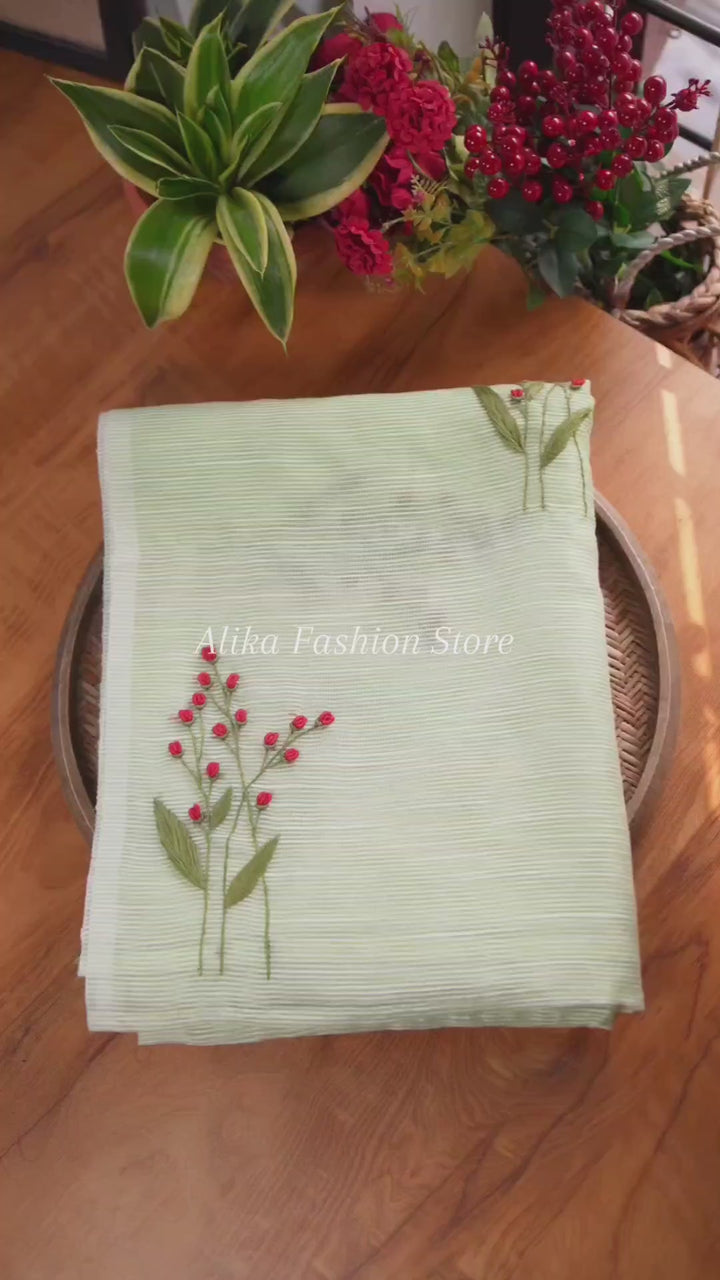 Water Green Floral Hand Embroidered Kota Saree