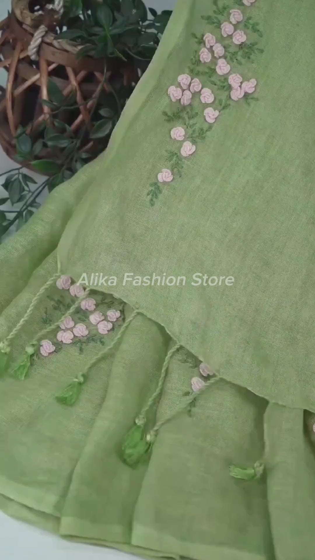 Mint green pure linen Saree with floral hand embroidery