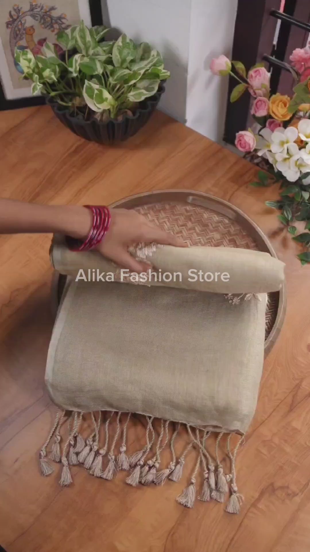 Light Olive Green Pure Linen Saree with Floral Embroidery