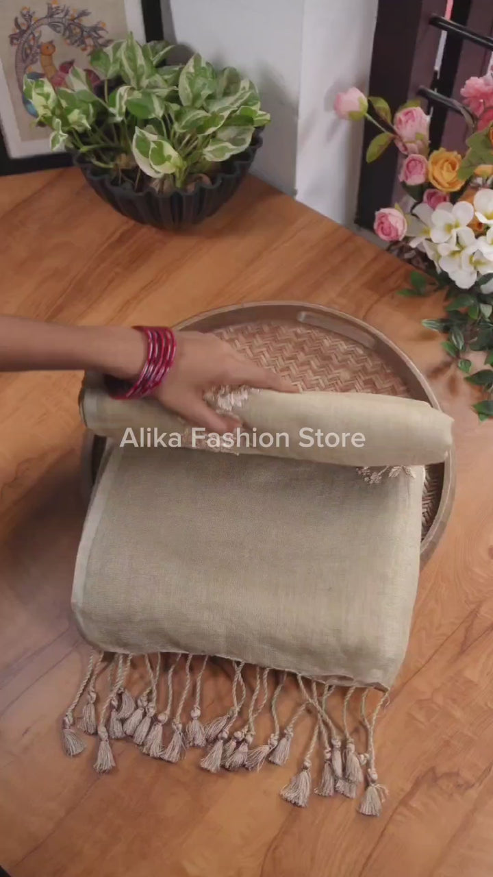 Light Olive Green Pure Linen Saree with Floral Embroidery