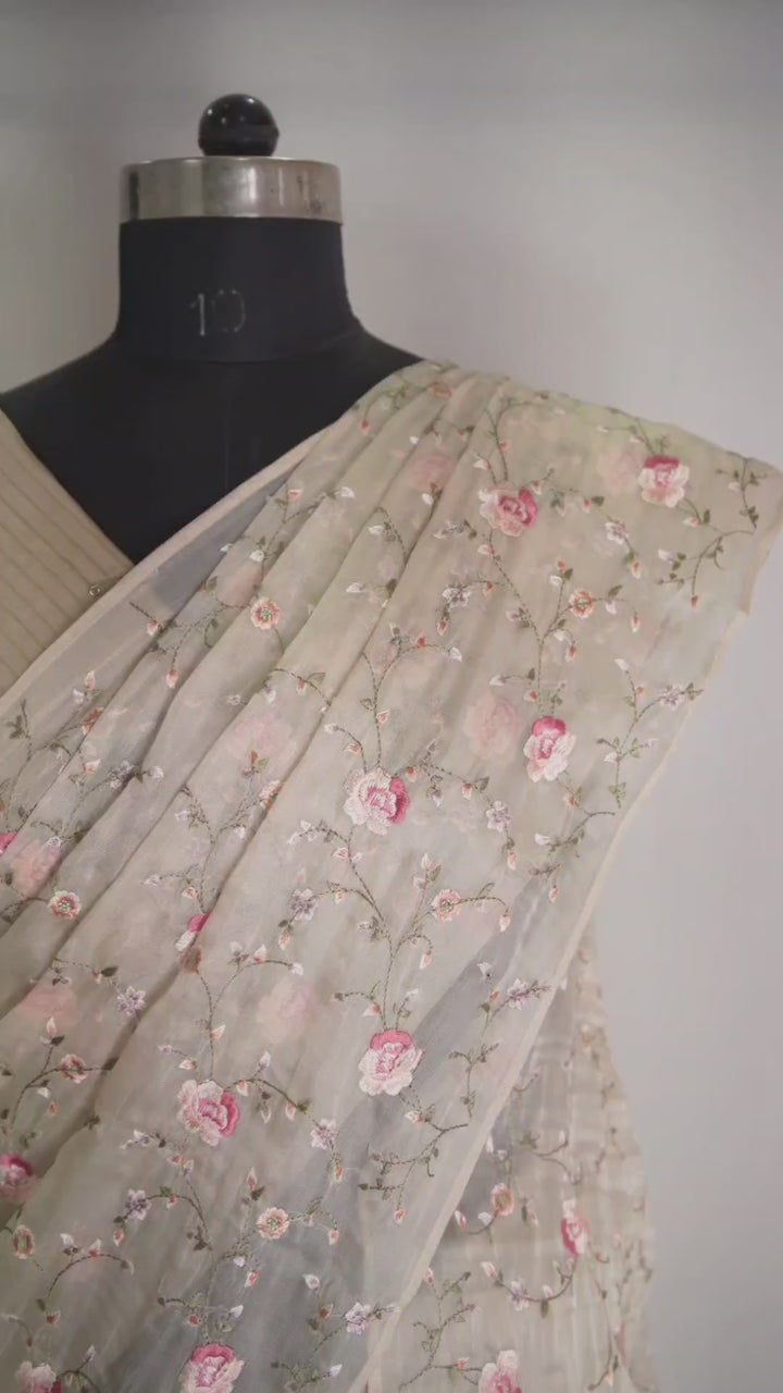 Ivory and Gold themed Organza Saree with Floral Embroidery