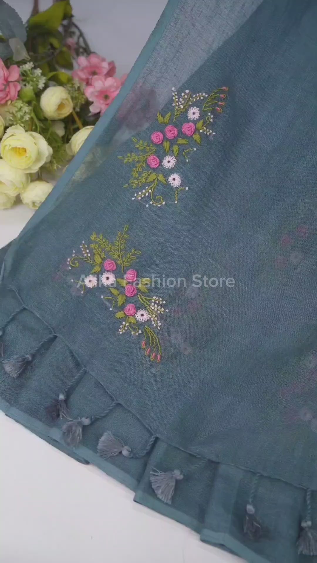 Peacock Teal Pure Linen Saree with Floral Hand Embroidery