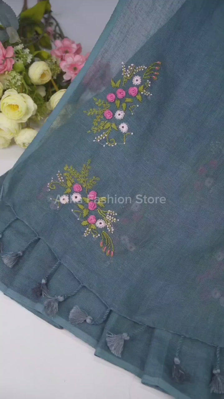 Peacock Teal Pure Linen Saree with Floral Hand Embroidery