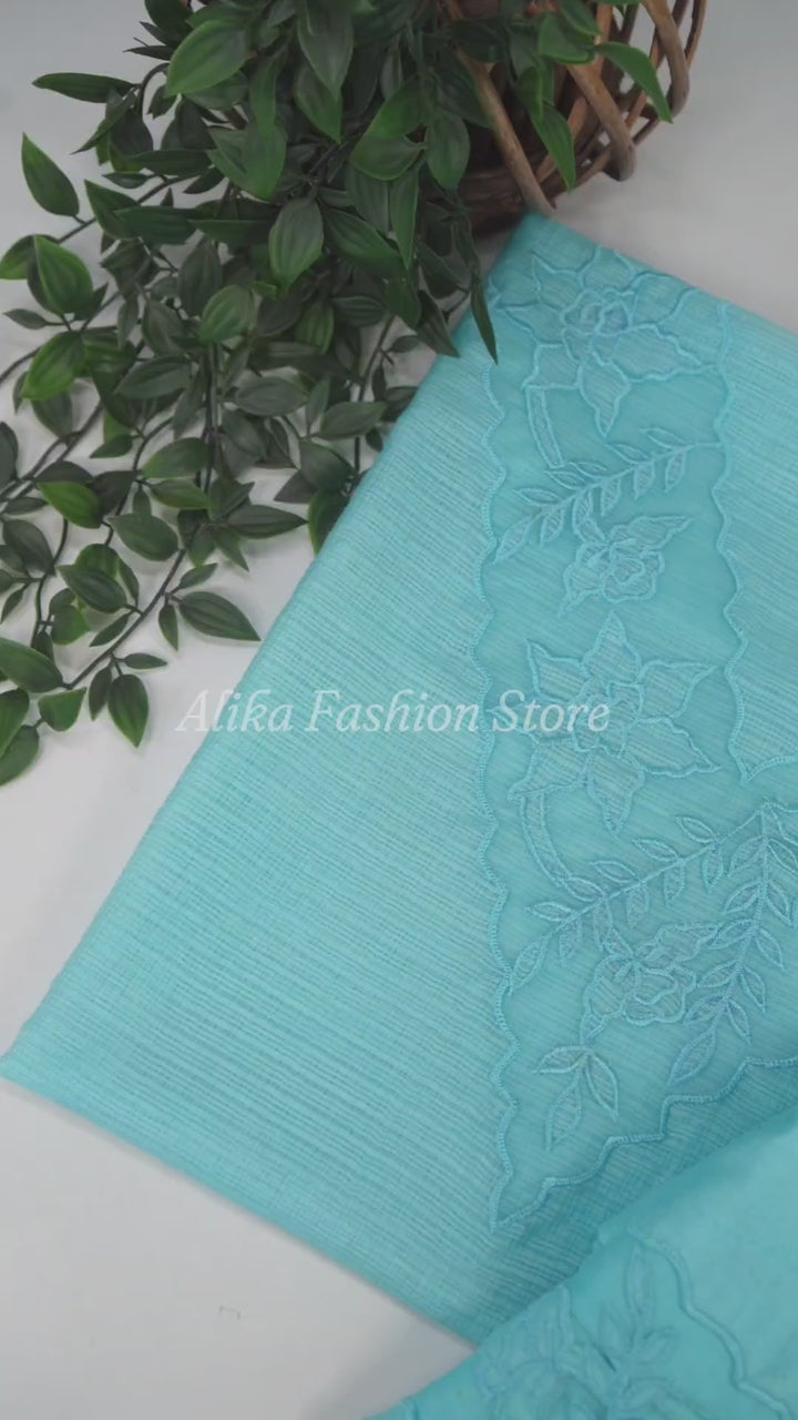 Pastel Blue Silky Kota Unstitched Salwar Suit Set with Appliqué Border