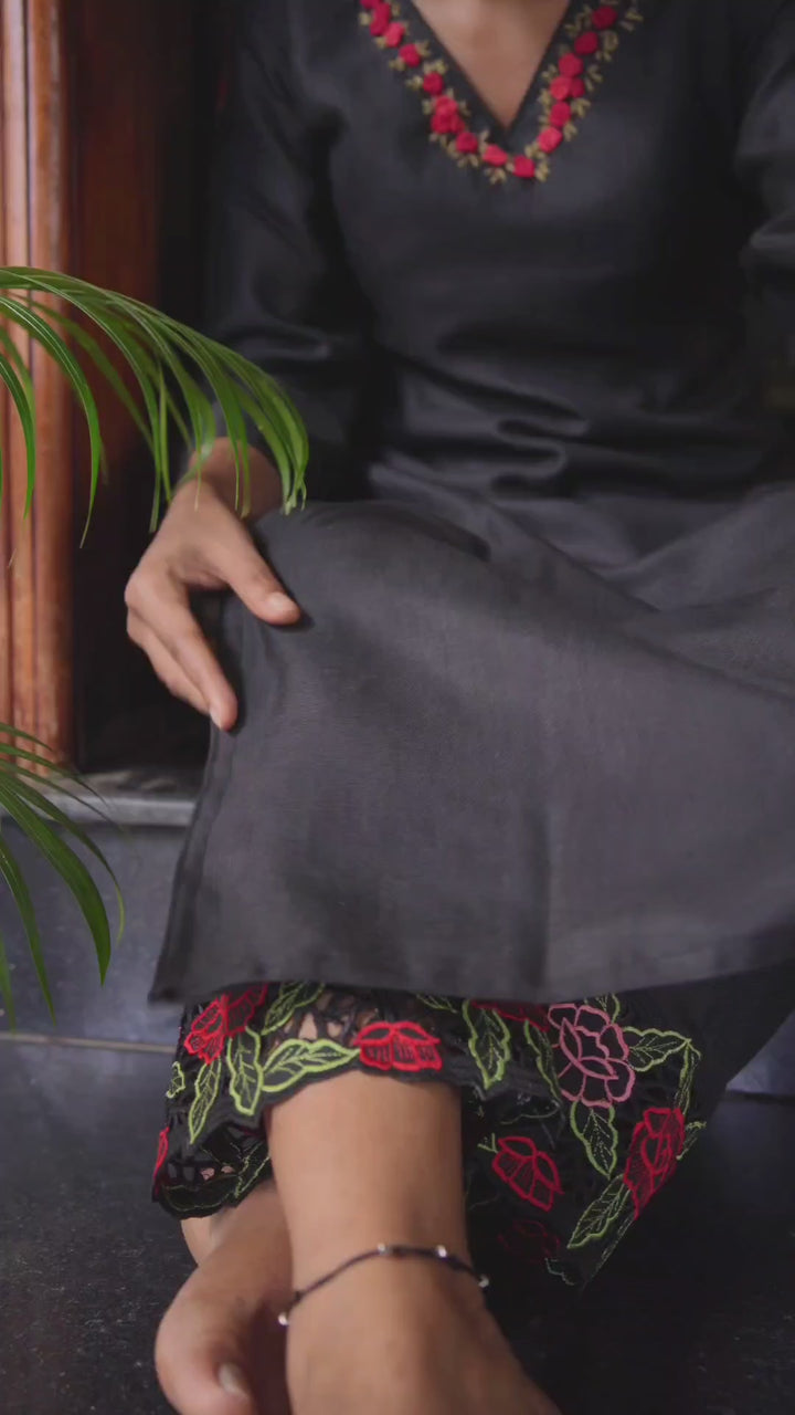 Black Semi Linen Salwar Bottom with Floral Cutwork Border