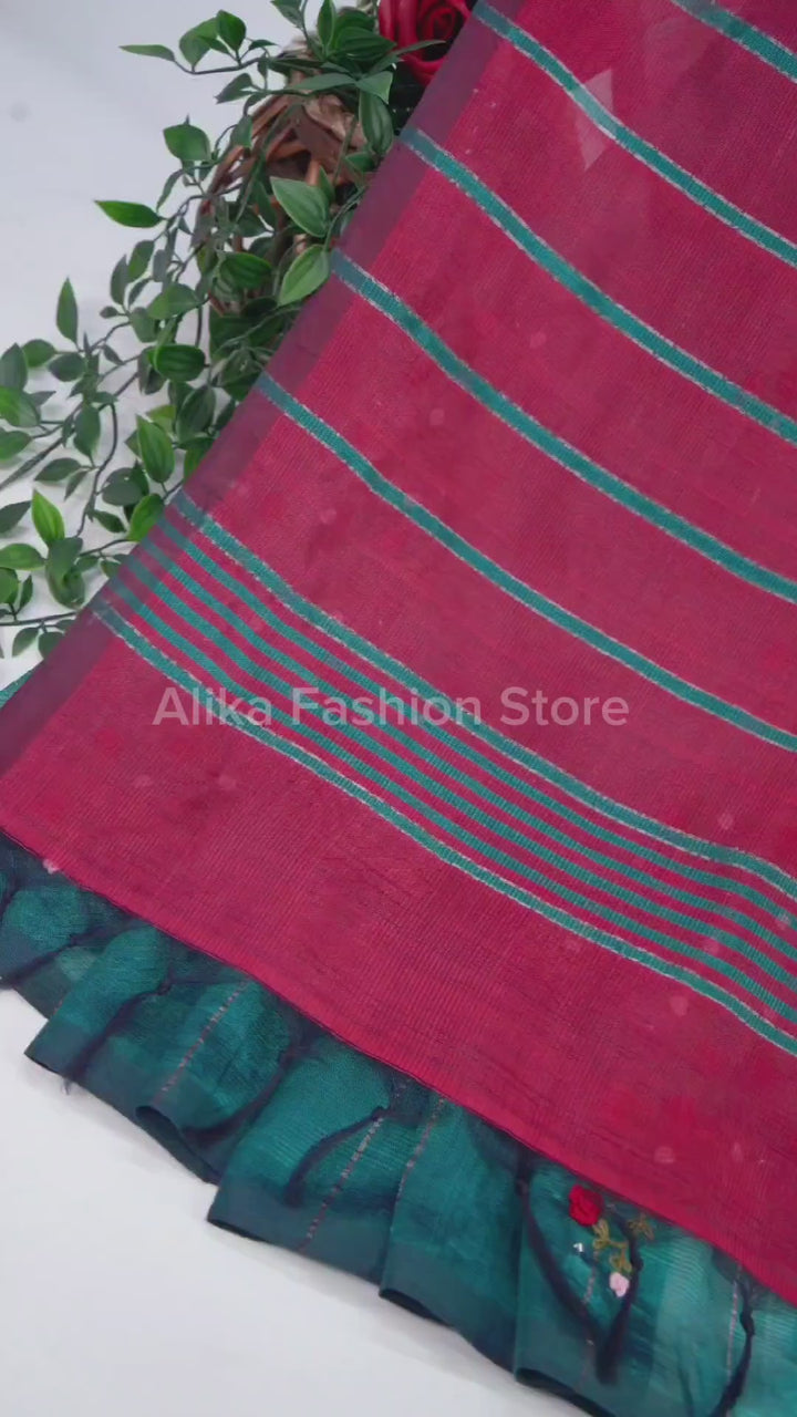 Dark Green &amp; Red Pure MangalGiri Silk Saree with Floral Hand Embroidery &amp; Bead Work