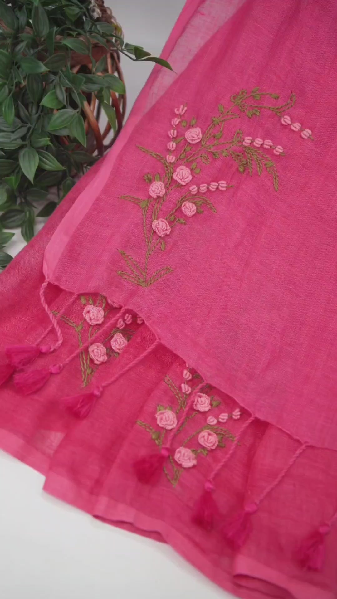Warm Pink Pure Linen Saree with Floral Hand Embroidery