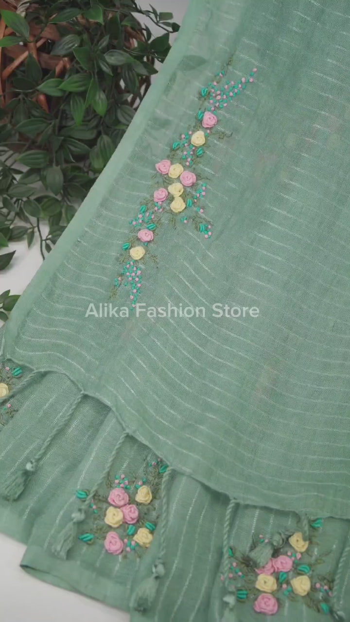 Turquoise Green Pure Linen Saree with Silver Linen Stripes &amp; Floral Hand Embroidery