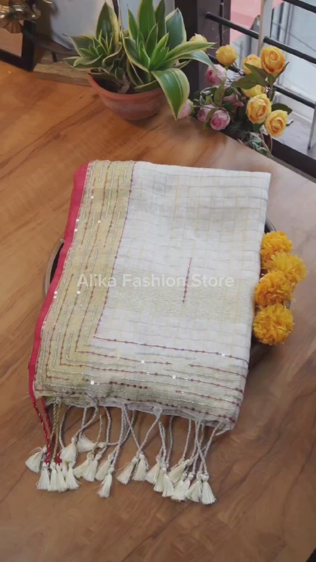 Cream Pure Linen Saree with Bead &amp; Sequin Work