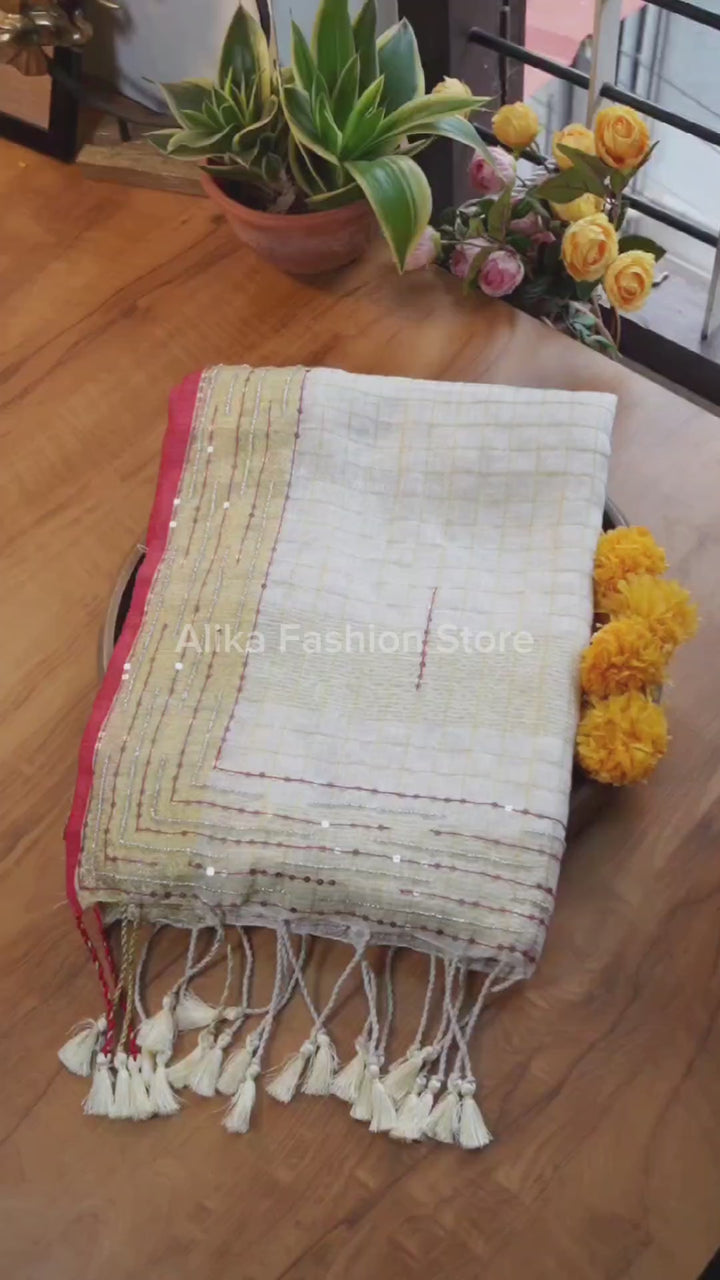 Cream Pure Linen Saree with Bead &amp; Sequin Work