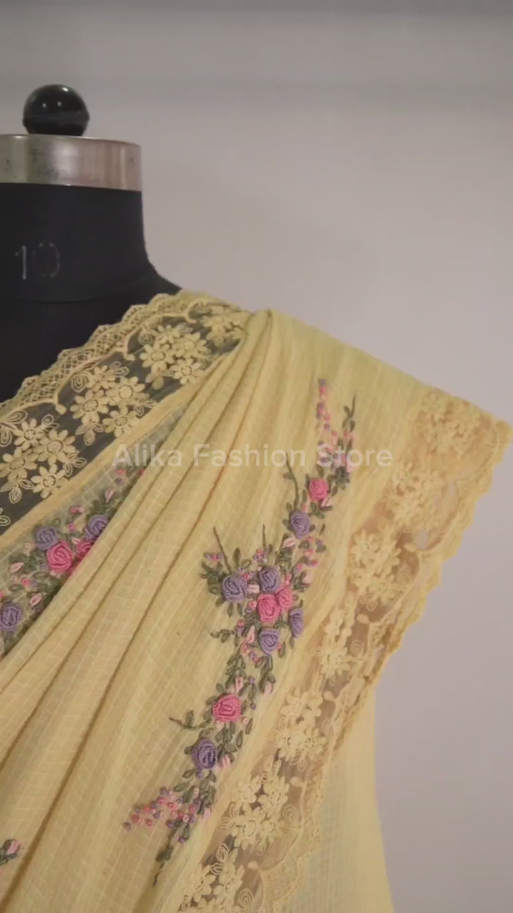 Haldi Yellow Pure Cotton Saree with Floral Hand Embroidery &amp;Lace Border