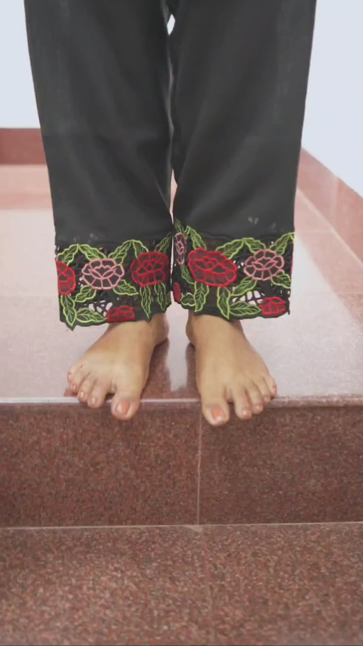 Black Semi Linen Salwar Bottom with Floral Cutwork Border