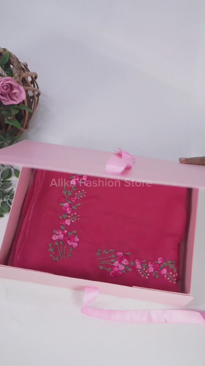 Rani Pink Organza Saree with Floral Hand Embroidery