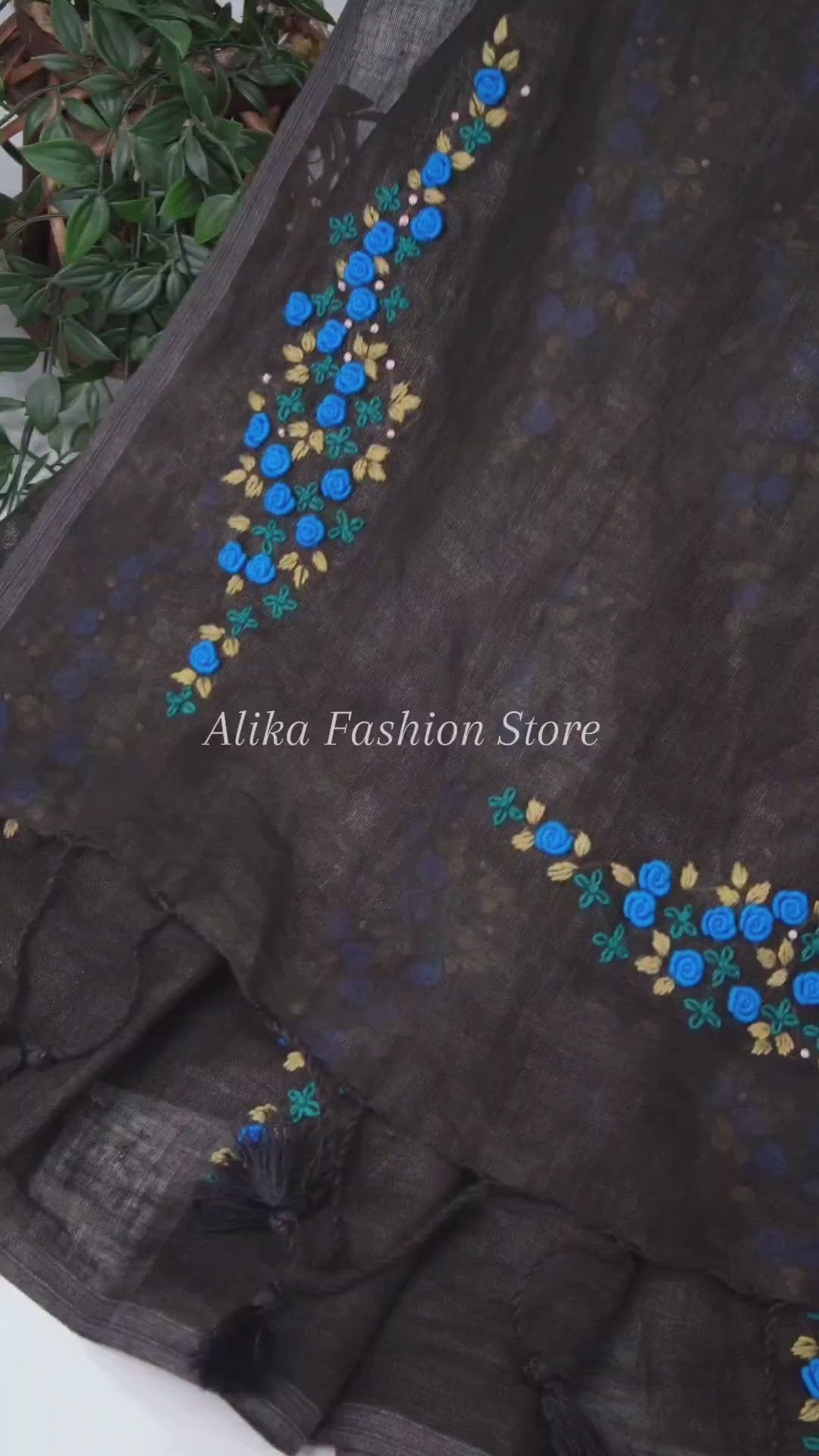 Black Pure Linen Saree with Floral Hand Embroidery