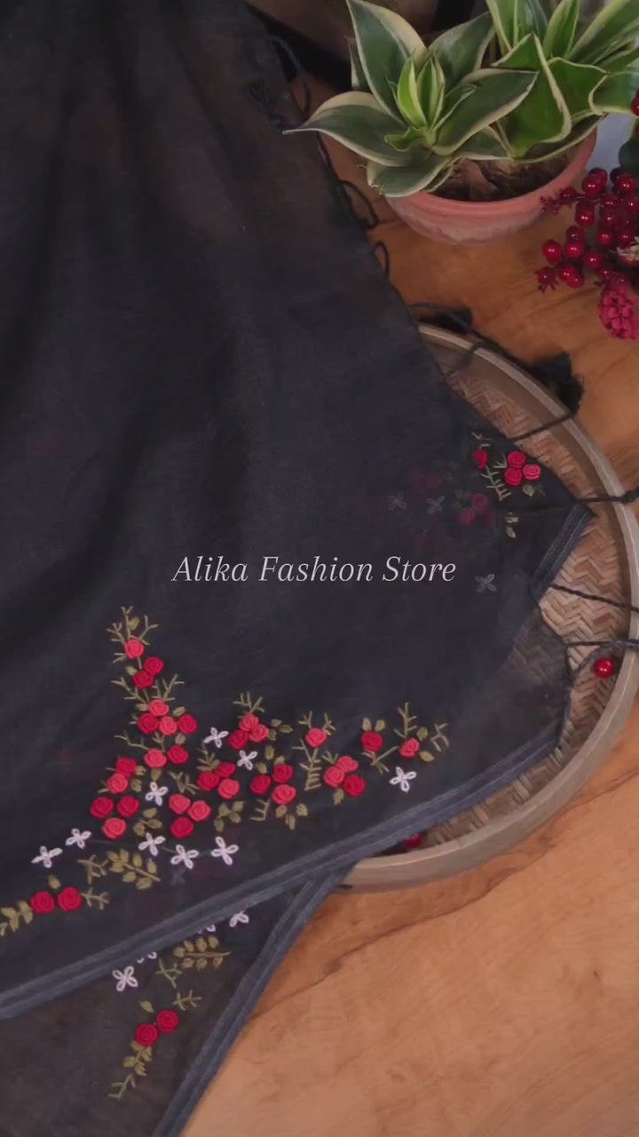 Black Pure Linen Saree with Red Floral Hand Embroidery