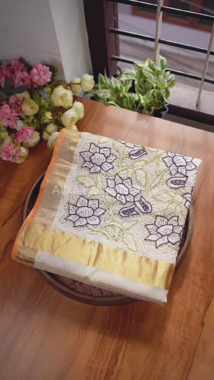 Cream Kerala Kasavu Saree with Floral Twine Cutwork