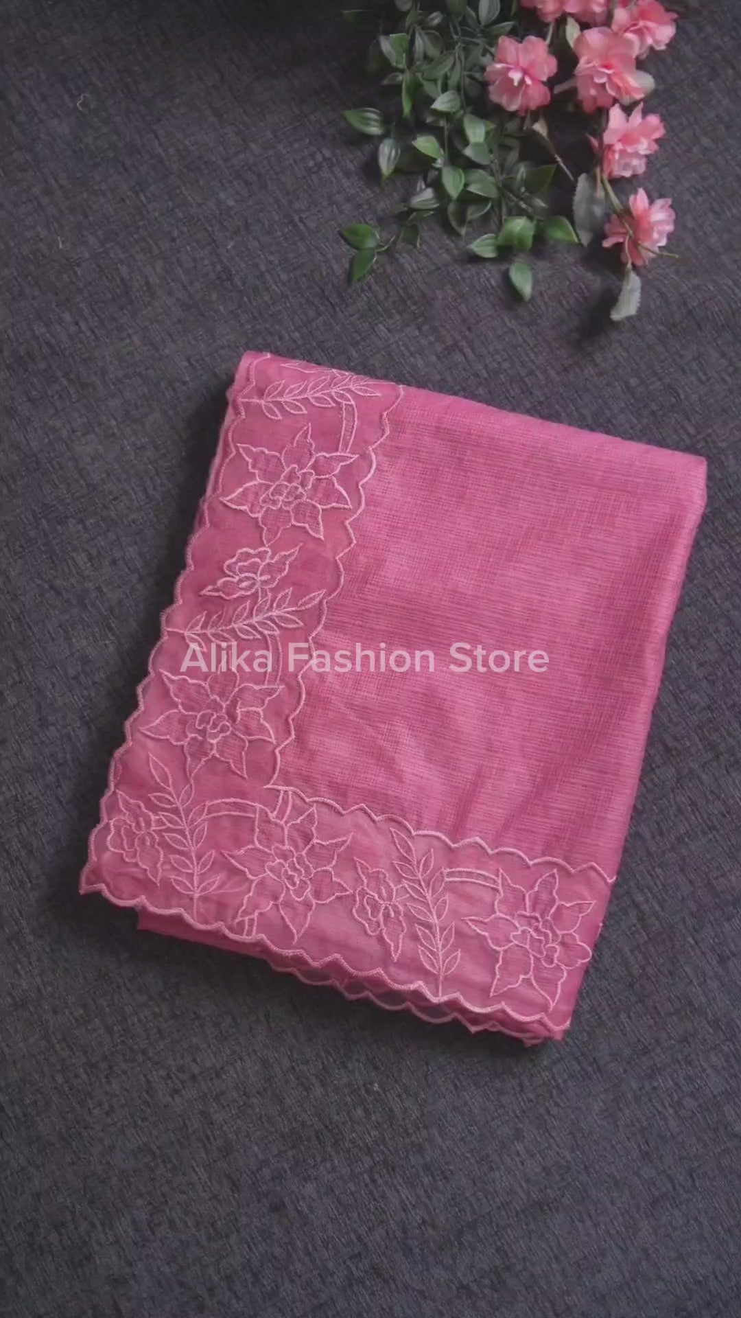 Salmon Pink Silky Kota Saree with Floral Appliqué Border