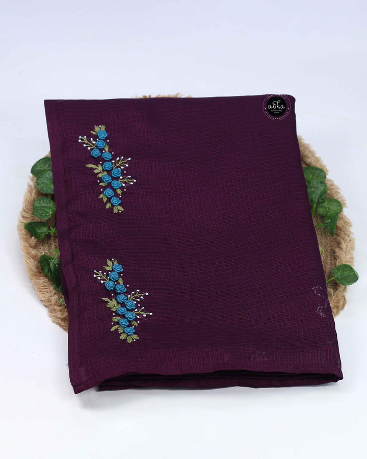 Dark Purple Silky Kota Saree with Floral Hand Embroidery