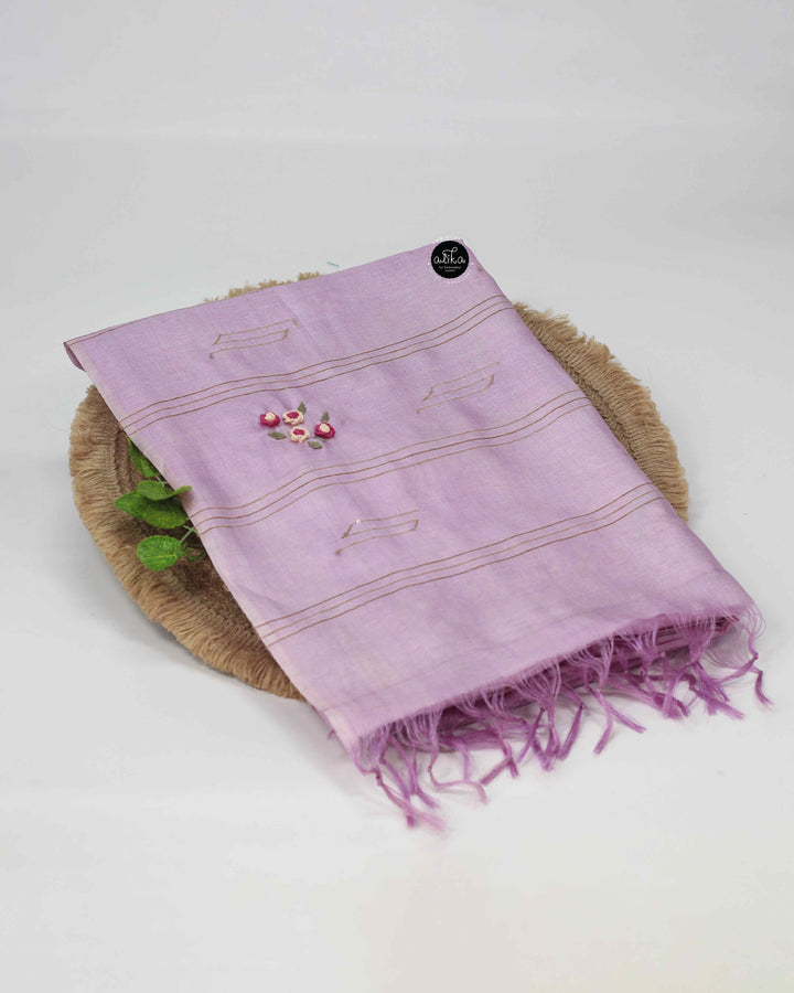 Lavender Pure Tussar Silk Saree with Floral Hand Embroidery