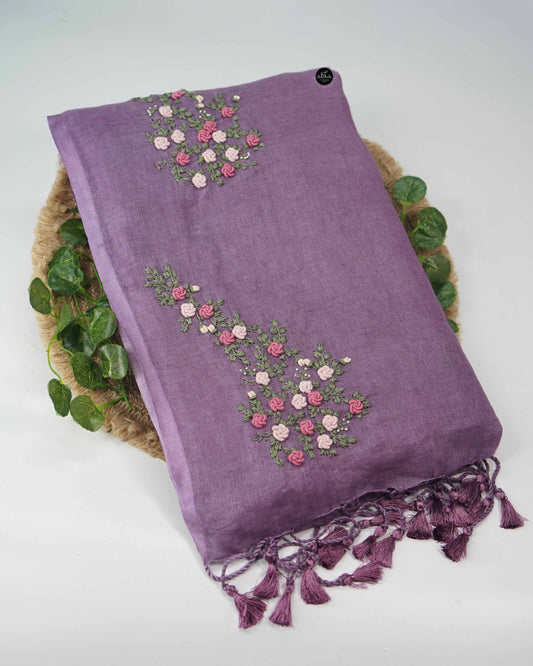 Lilac Pure Linen Saree with Floral Hand Embroidery & Bead Work