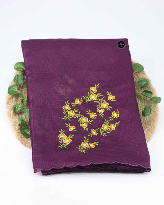 Dark Purple Silky Kota Saree with Yellow Floral Machine Embroidery