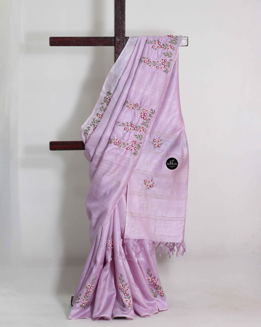 Lavender Pure Tussar Silk Saree with Floral Hand Embroidery