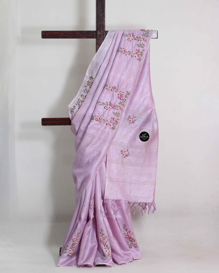 Lavender Pure Tussar Silk Saree with Floral Hand Embroidery