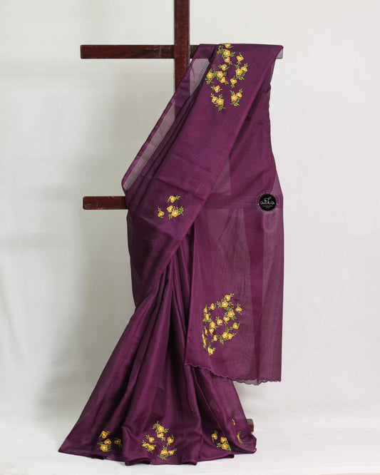 Dark Purple Silky Kota Saree with Yellow Floral Machine Embroidery
