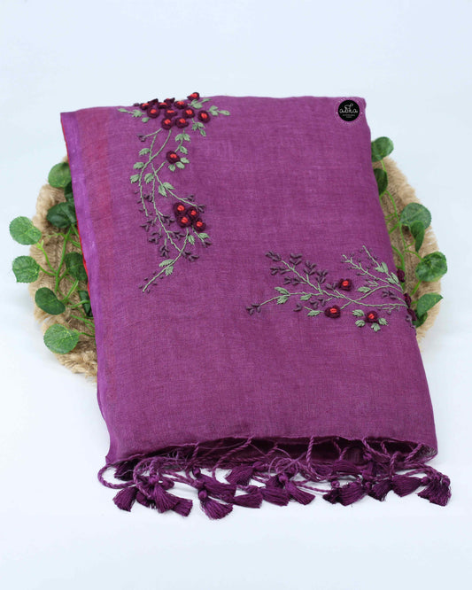 Red & Dark Purple Pure Linen Saree with Floral Hand Embroidery – Festive Wear
