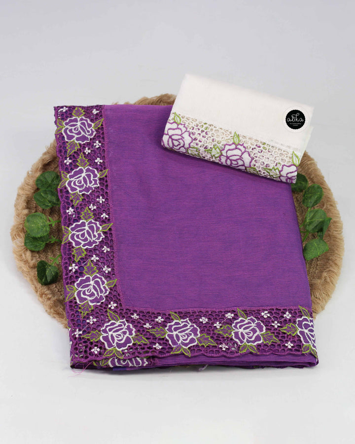 Purple Kota Saree with Floral Full Border Cutwork