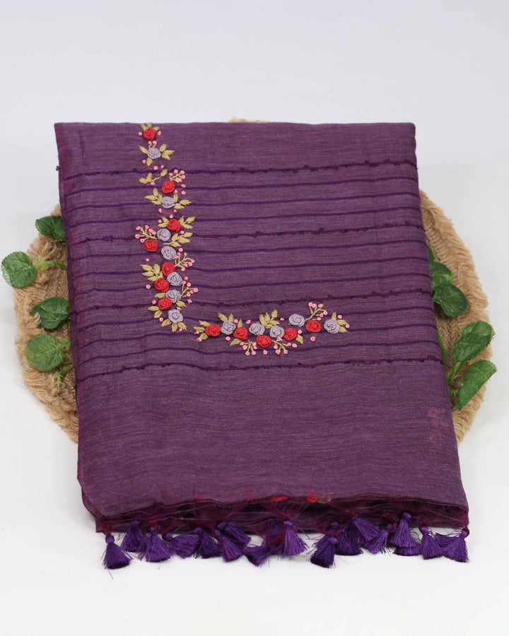 Dark Purple Bamboo Silk Saree with Floral Hand Embroidery