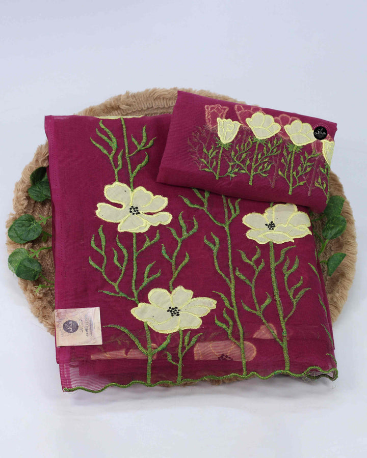 Wine Purple Kota Saree with Floral Appliqué Work