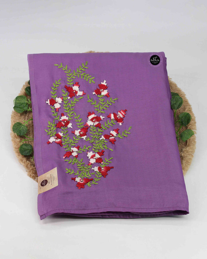 Lavender Semi Silk Saree with Floral Hand Embroidery