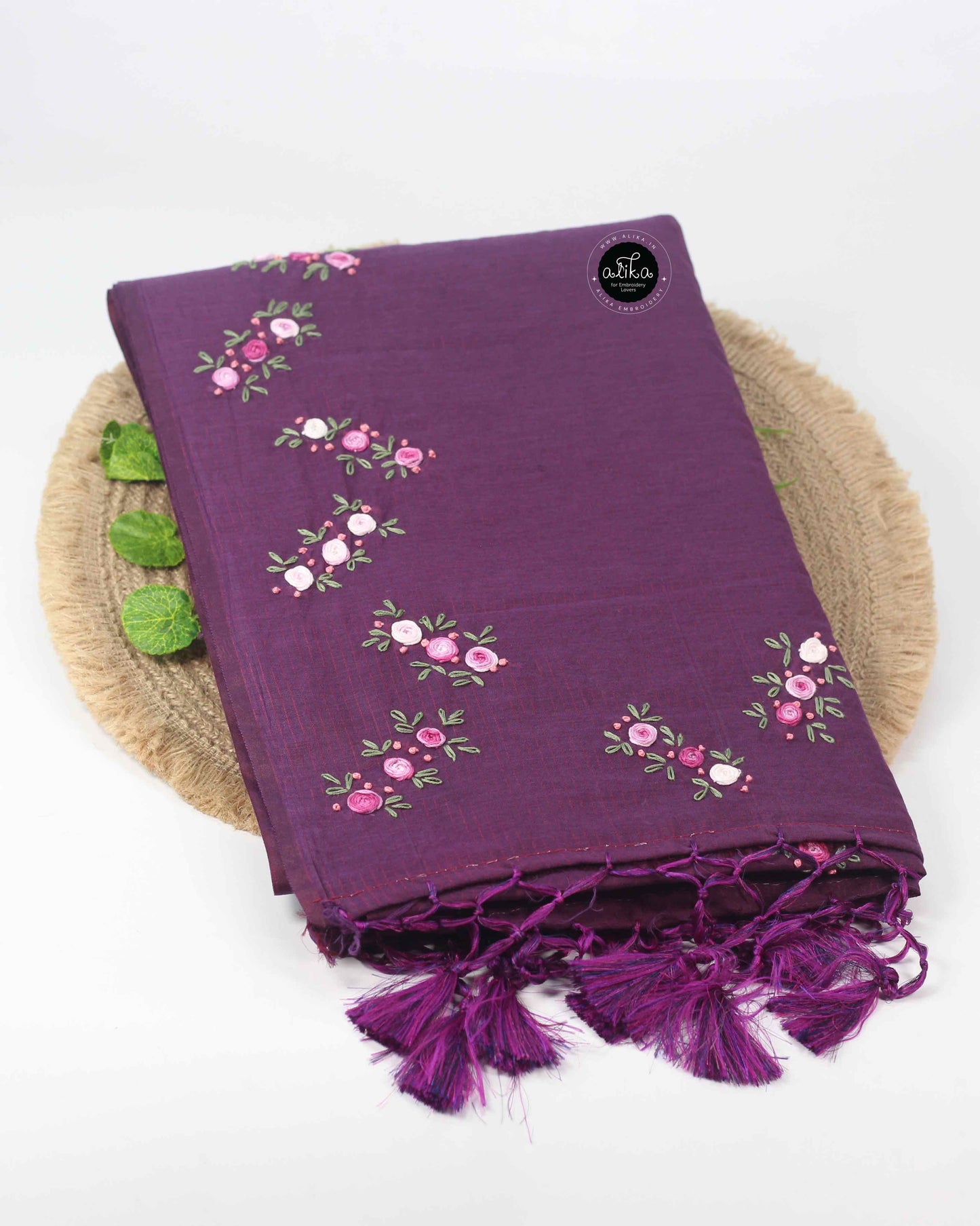 Dark Purple Chanderi Saree with Zig-Zag Hand Embroidery