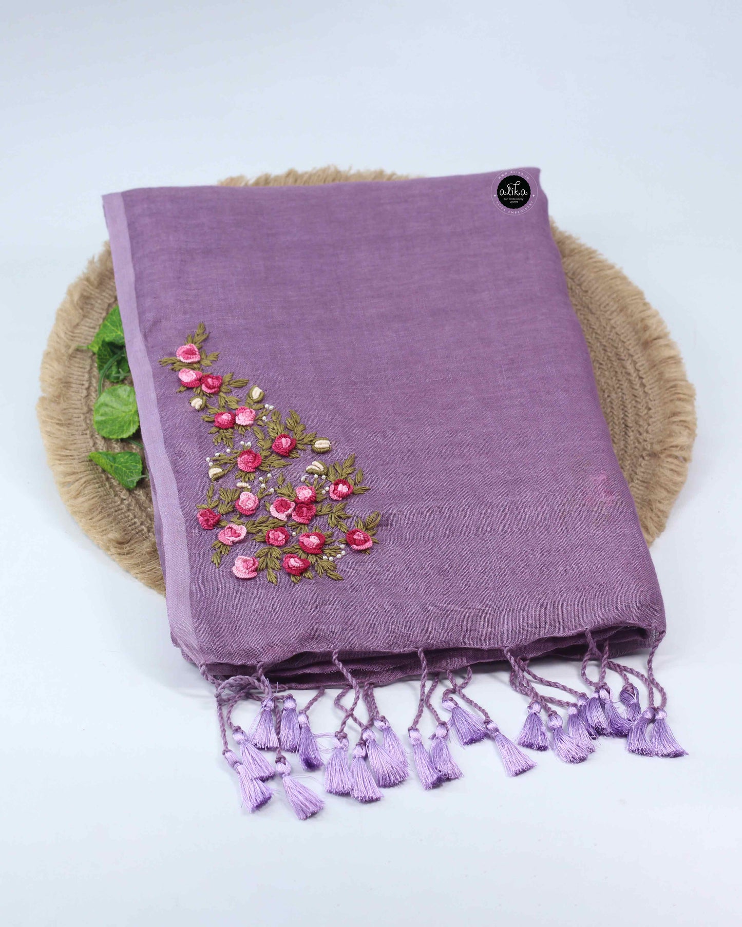 Lilac Pure Linen Saree with Floral Hand Embroidery and Bead Work