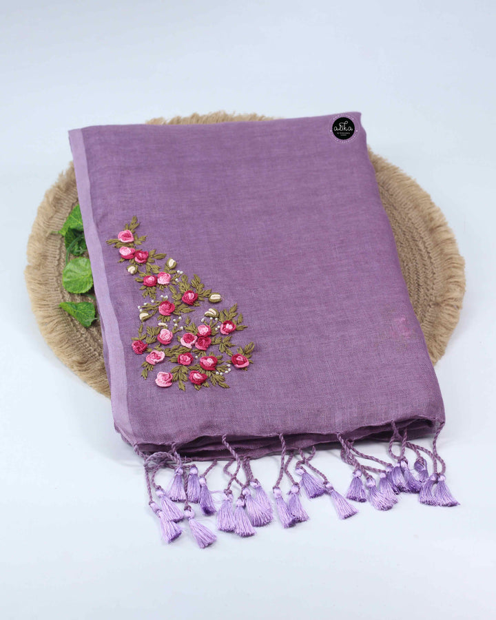 Lilac Pure Linen Saree with Floral Hand Embroidery and Bead