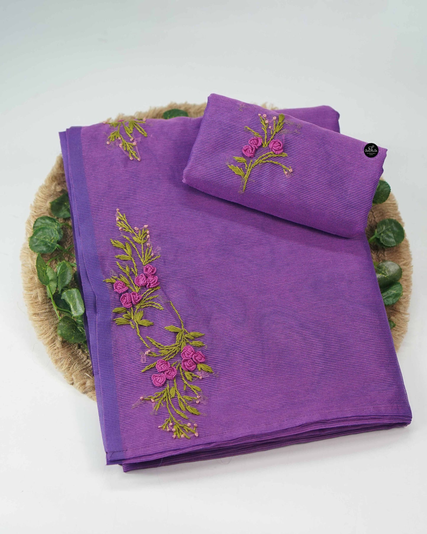 Purple Kota Saree with Floral Hand Embroidery