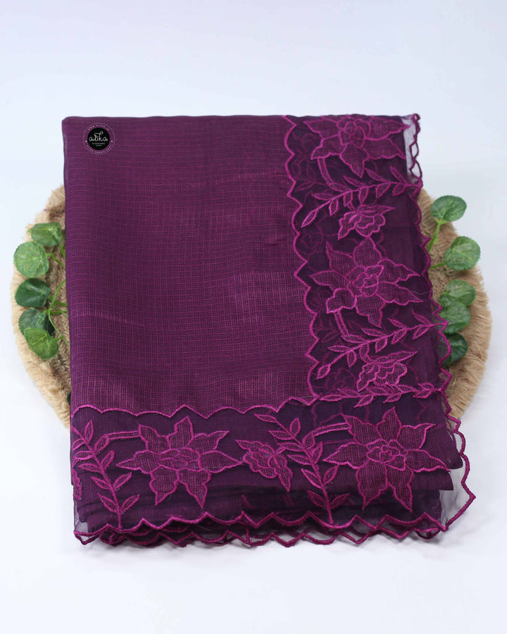 Dark Purple Silky Kota Saree with Floral Net Applique Work