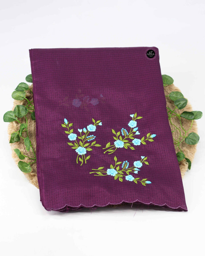 Dark Purple Silky Kota Saree with Floral Machine Embroidery