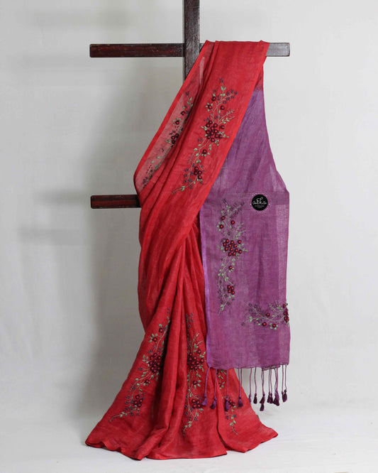 Red & Dark Purple Pure Linen Saree with Floral Hand Embroidery – Festive Wear