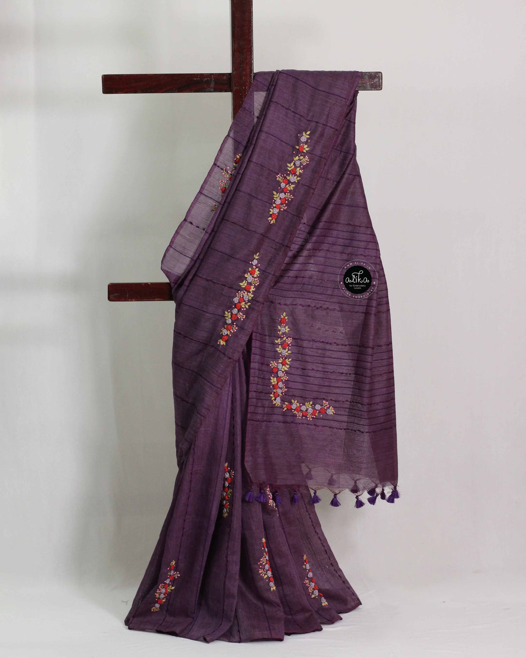 Dark Purple Bamboo Silk Saree with Floral Hand Embroidery