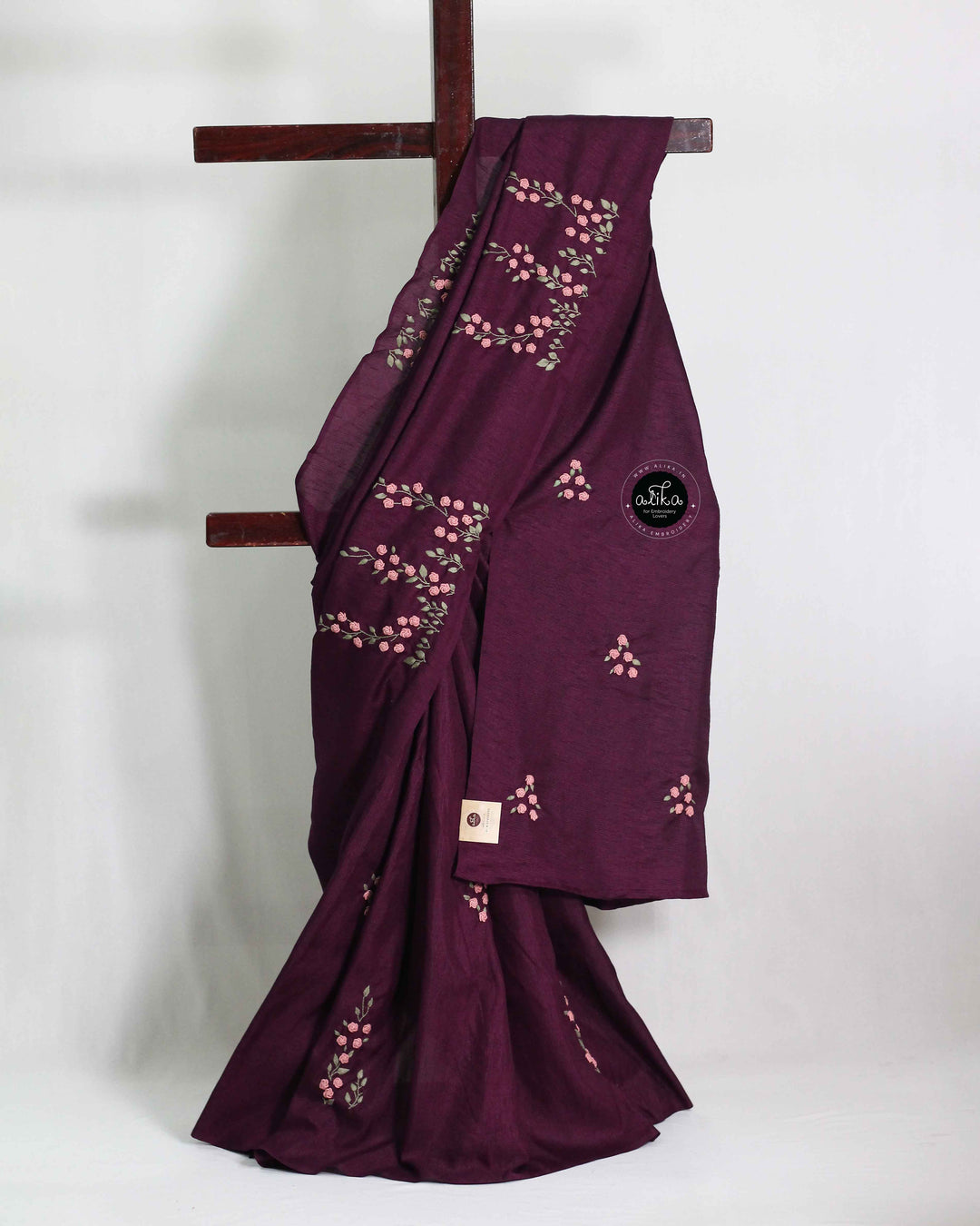 Dark Purple Designer Silk Saree with Floral Hand Embroidery