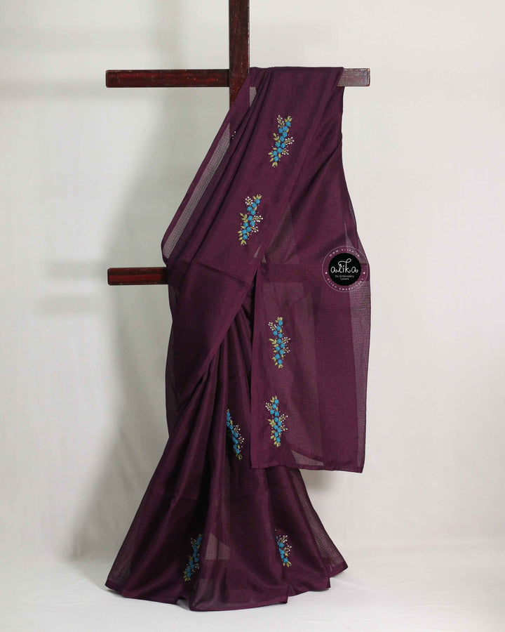Dark Purple Silky Kota Saree with Floral Hand Embroidery