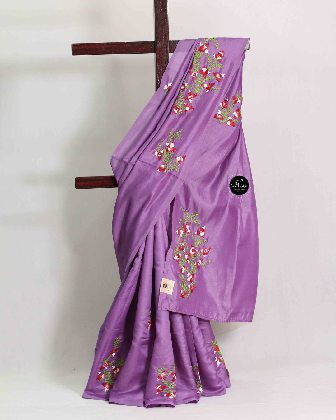 Lavender Semi Silk Saree with Floral Hand Embroidery