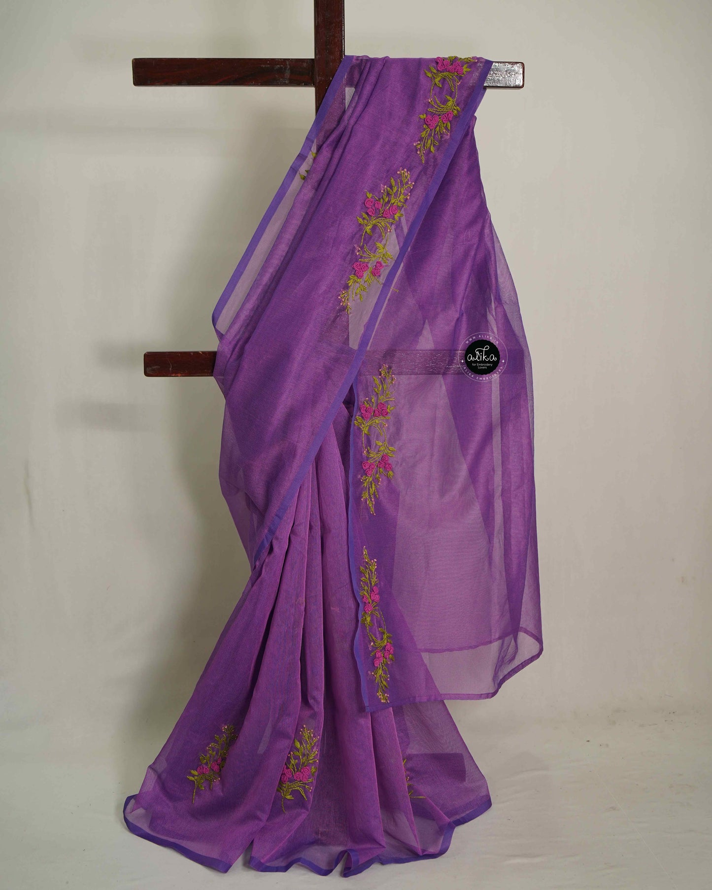 Purple Kota Saree with Floral Hand Embroidery