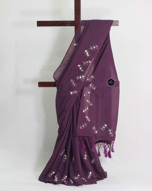 Dark Purple Chanderi Saree with Zig-Zag Hand Embroidery