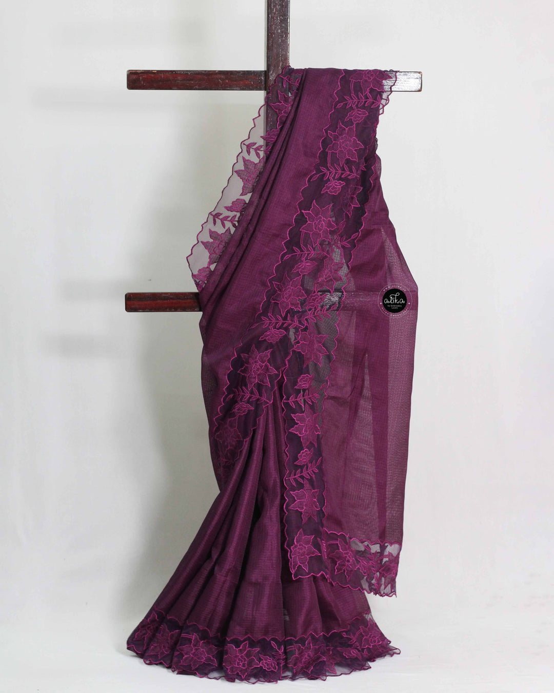 Dark Purple Silky Kota Saree with Floral Net Applique Work