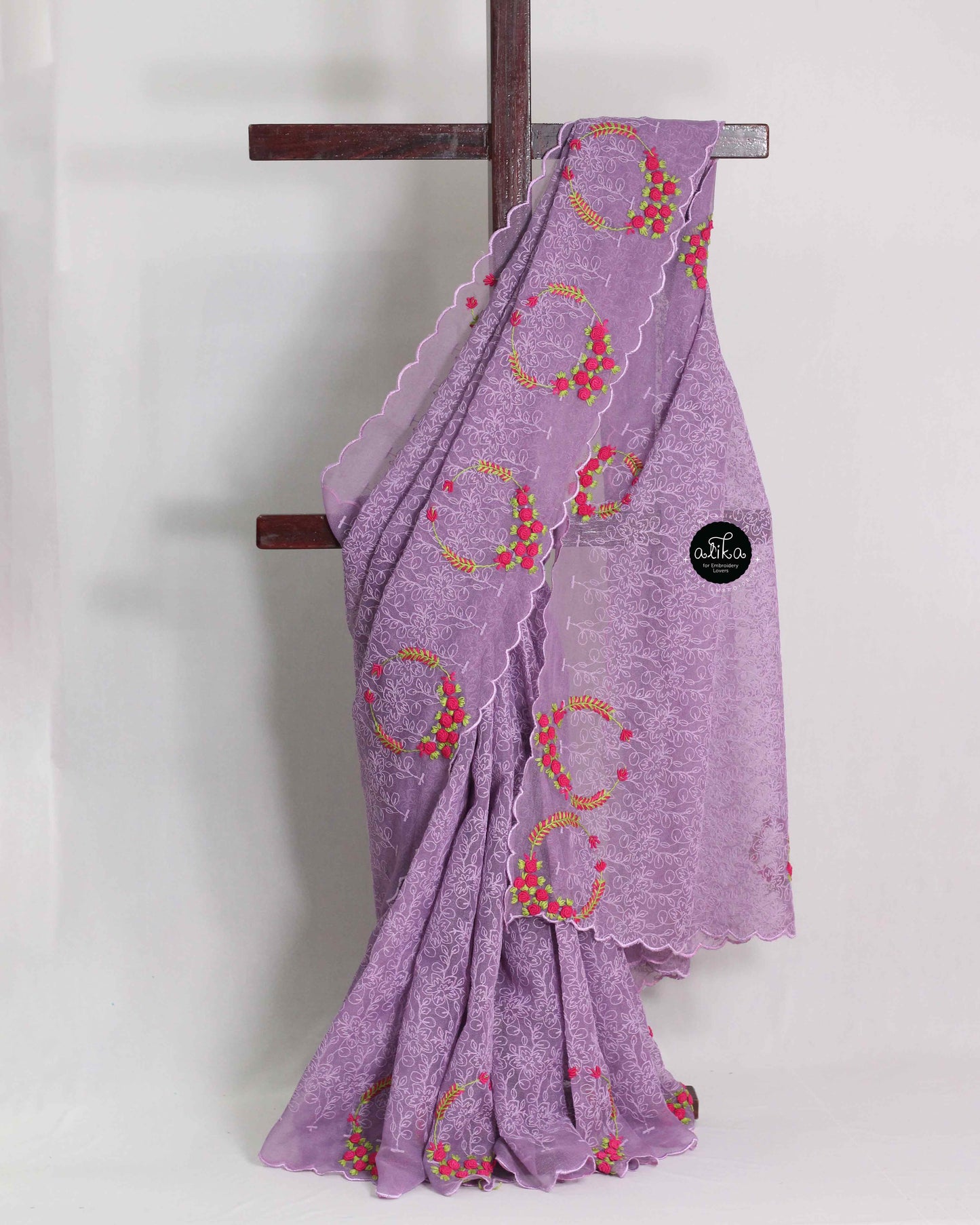 Lavender Phulkari Saree with Floral Hand Embroidery